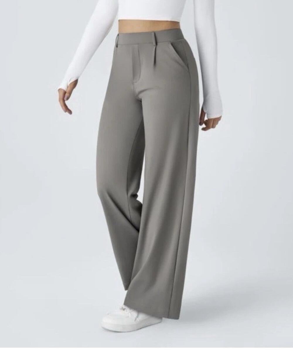 Halara Flex Day Pants Size M Petite Gray High Waist Straight Leg Stretch Career